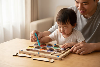 Wooden educational toy with color sorting compartments and accessories on a white background
