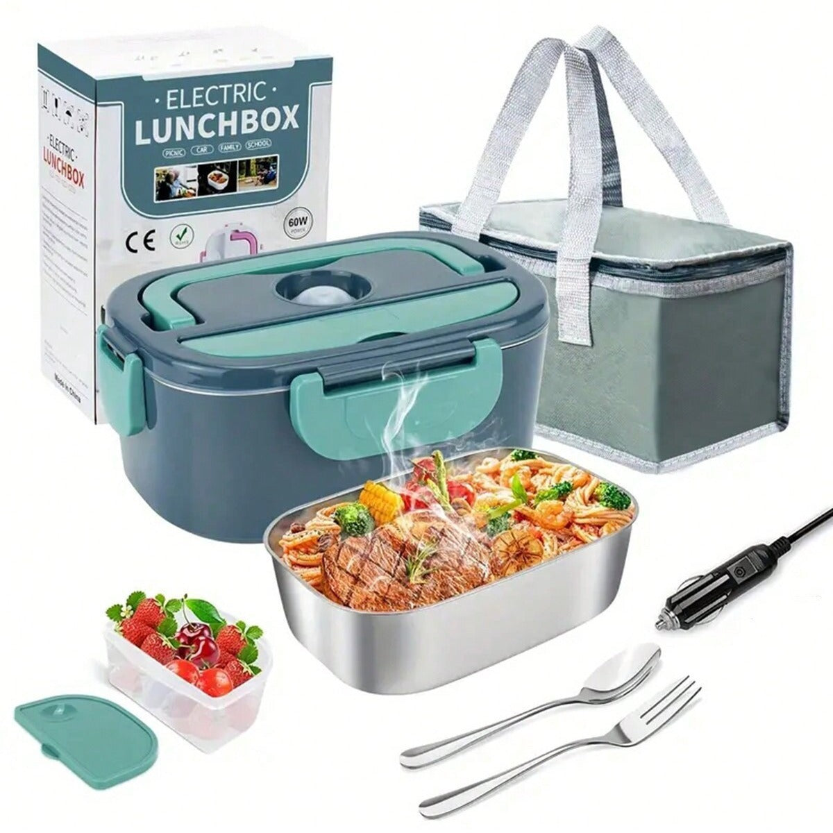 Electric lunchbox with food compartments, utensils, and packaging on a white background