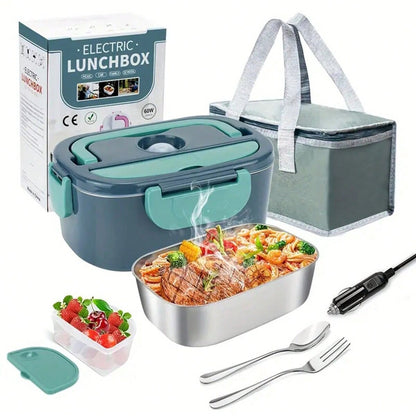 Electric lunchbox with food compartments, utensils, and packaging on a white background