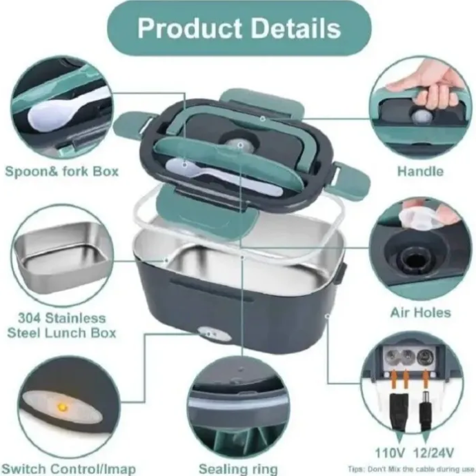 Lunch box with various features highlighted, including spoon and fork box, handle, air holes, 304 stainless steel material, switch control, sealing ring, and power connection.