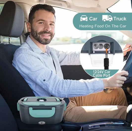 Man driving a car with a portable food heater in the foreground, promotional graphic for car and truck Electric Lunch Box.