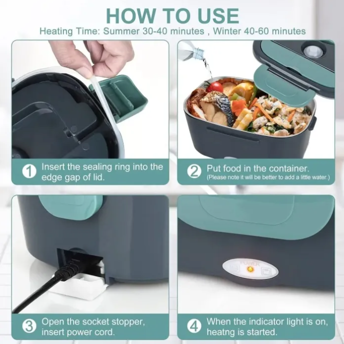 Instructions on how to use a food warmer with images and text.